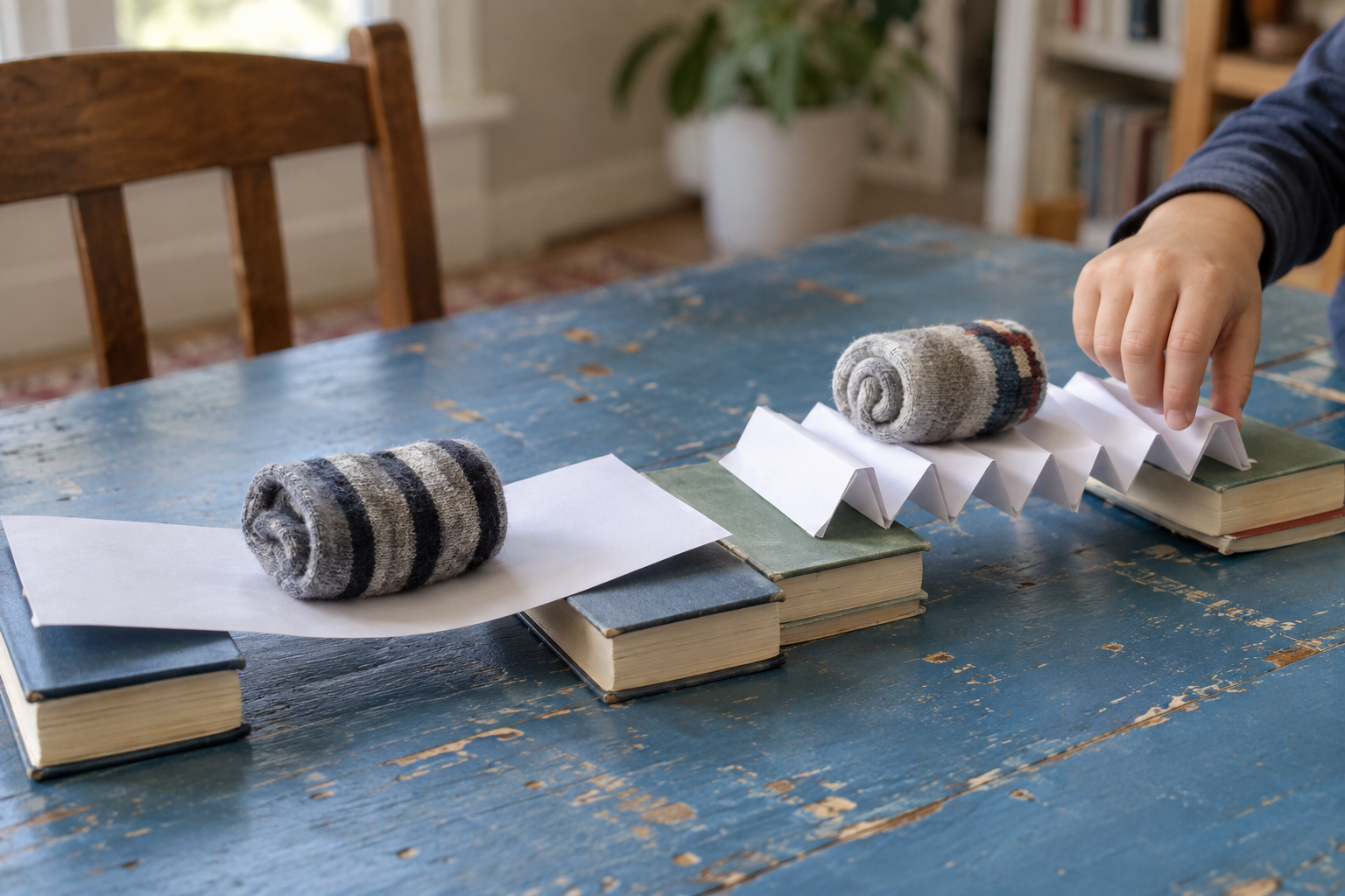 Generated illustration of flat and folded paper bridges being compared with rolled socks