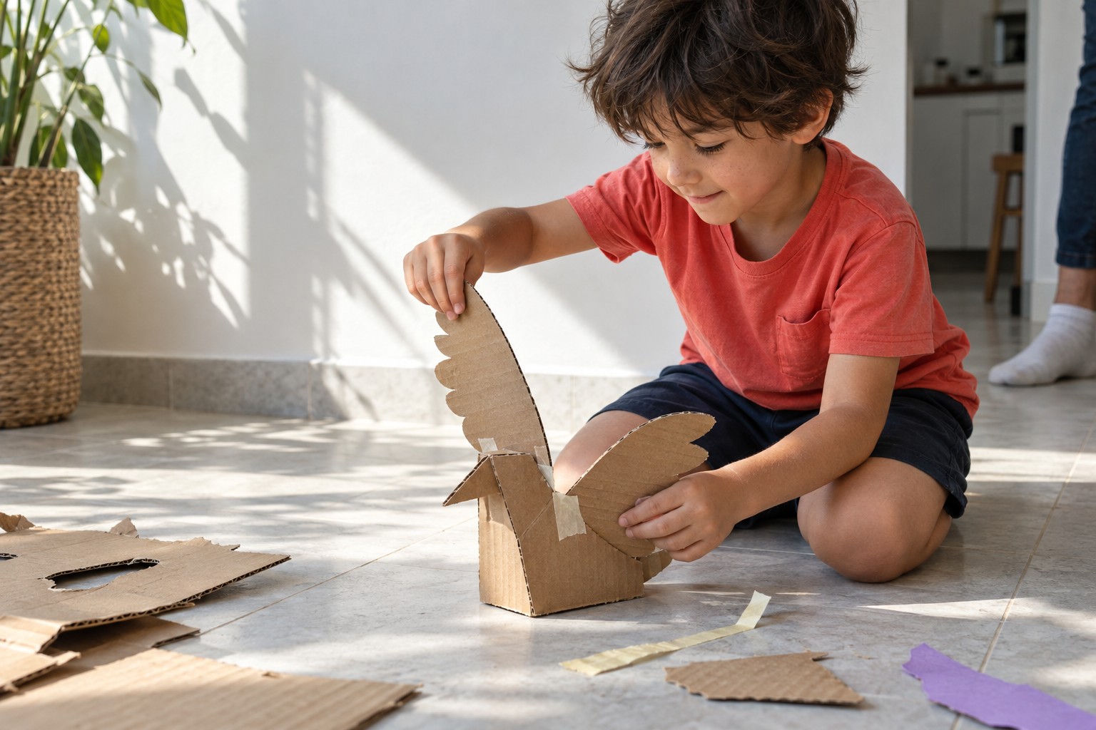 Generated illustration of a child joining pieces of cardboard into an unfinished creation