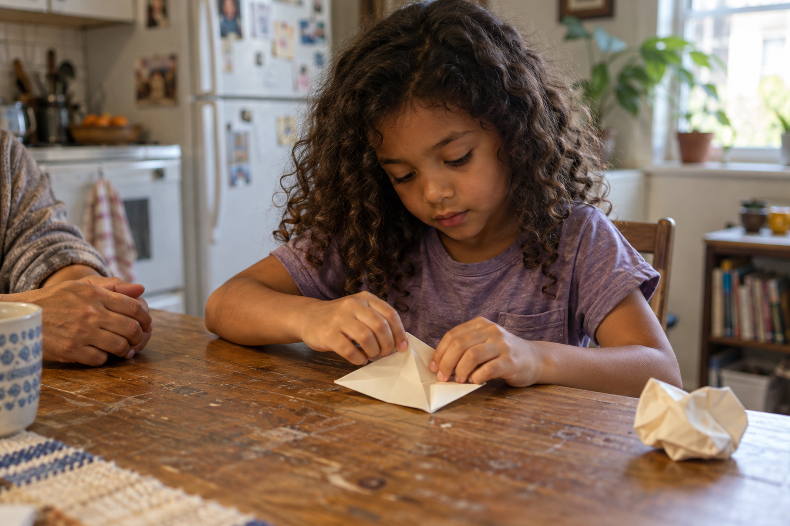 Generated illustration of a child changing a paper fold at a kitchen table, with a caregiver alongside