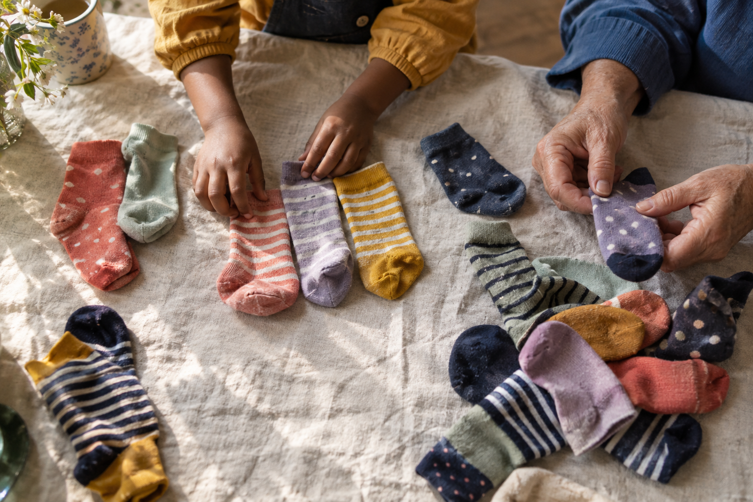 Generated illustration of a child arranging striped socks while a caregiver holds an odd sock